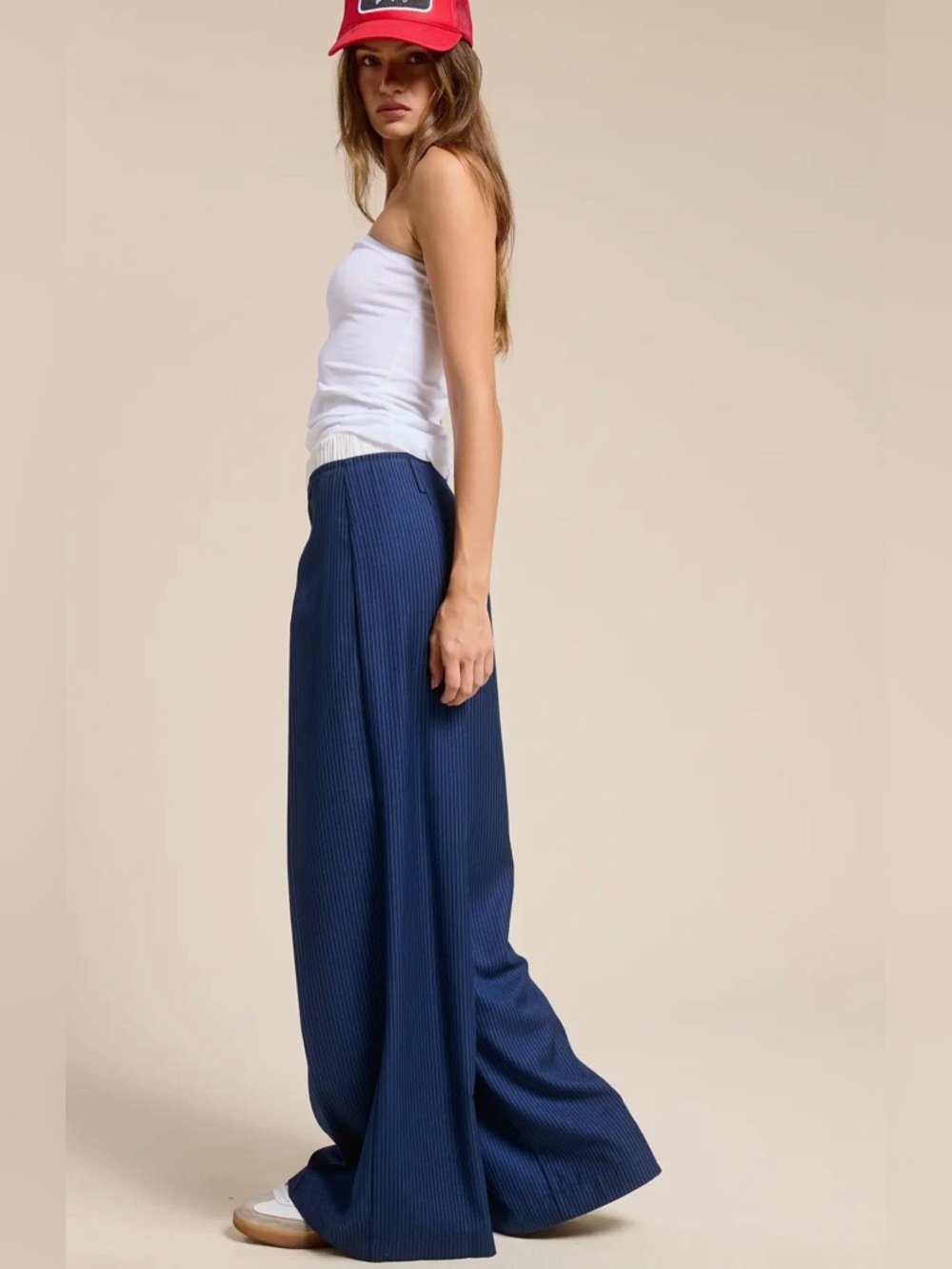 NWT Mimosa Blue Pinstripe Wide Leg Pants With Contrast Waistband - Picture 5 of 10